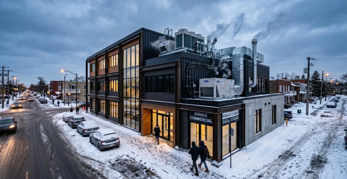 Bâtiment commercial de trois étages dans le Grand Montréal en hiver avec unités de thermopompes modernes visibles sur la façade, ciel hivernal québécois et infrastructure HVAC contemporaine