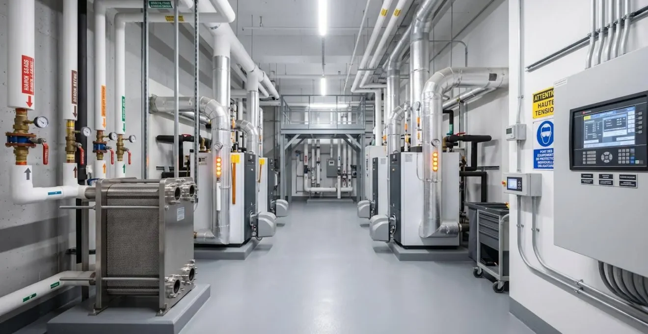 Salle mécanique moderne d'un bâtiment commercial avec équipements HVAC récents, tuyauterie organisée, tableau de contrôle électronique et installation professionnelle