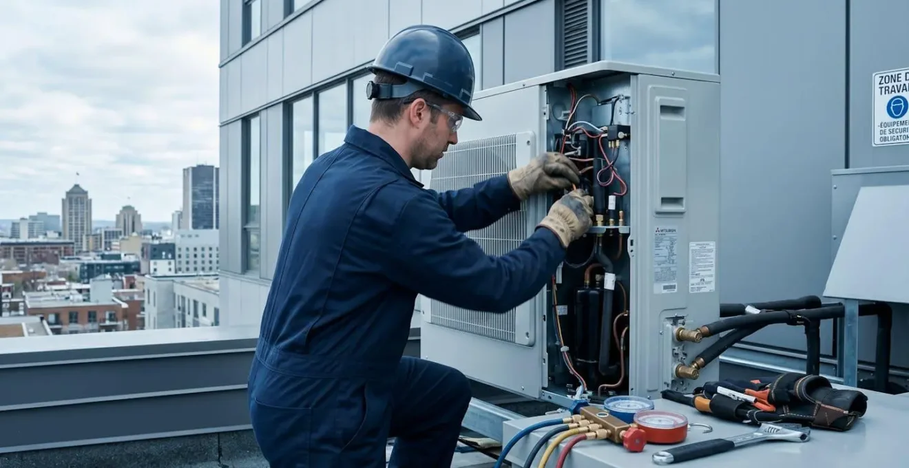 Technicien HVAC installant une thermopompe commerciale sur un toit de bâtiment dans le Grand Montréal avec équipement professionnel et infrastructure moderne